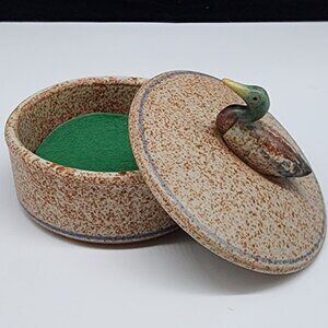 Daneen Pottery Trinket Box Stoneware Duck Lid Signed  Handmade Felt Lined 4"